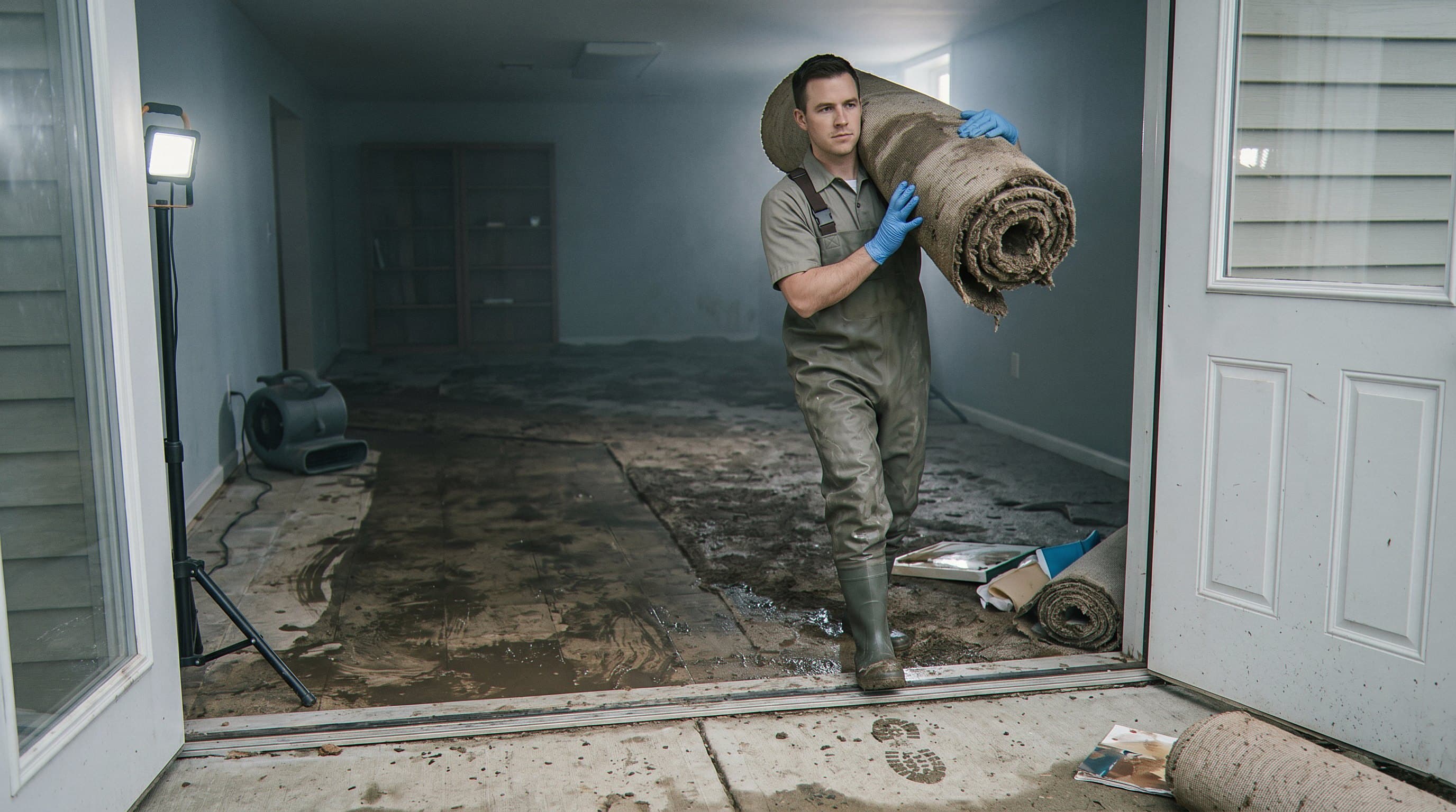Technician cleaning flooded basement