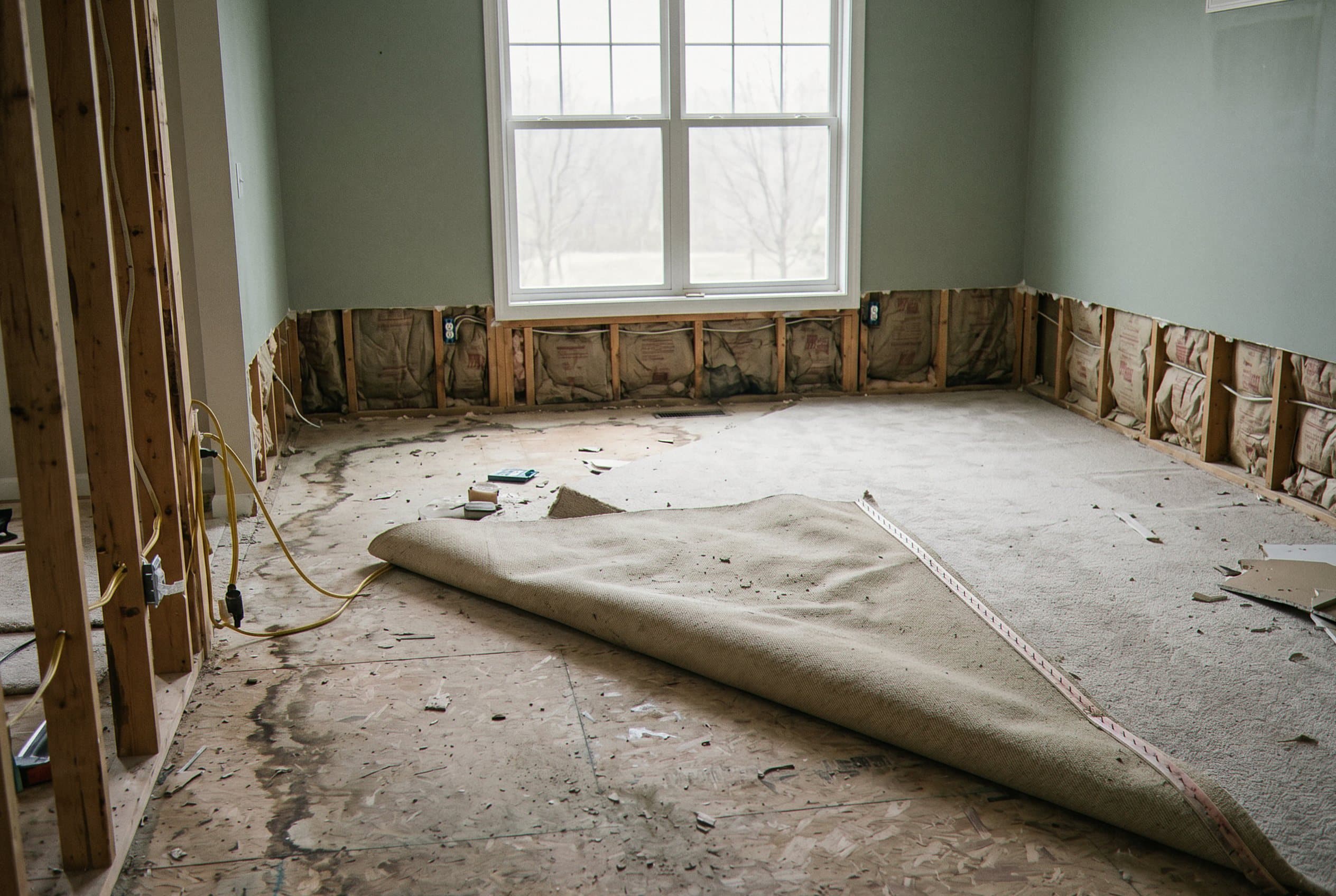 Water-damaged drywall ready for replacement