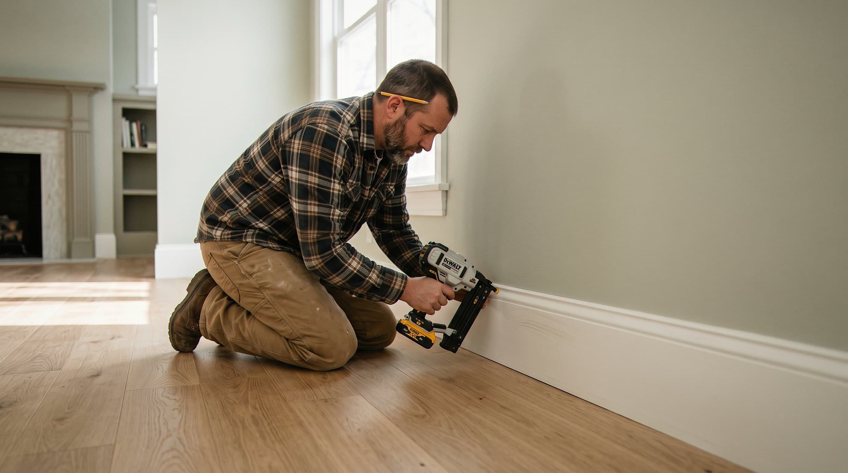 Technician repairing water-damaged wall