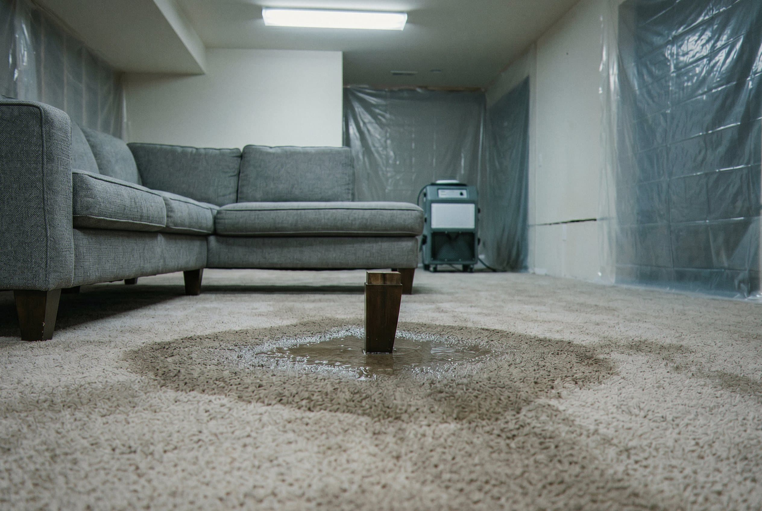Water stains on carpeted basement floor